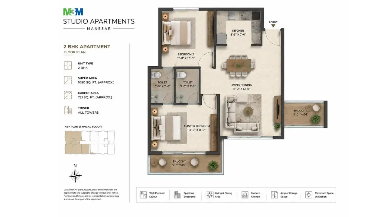 m3m studio apartment manesar 2 BHK floor plan