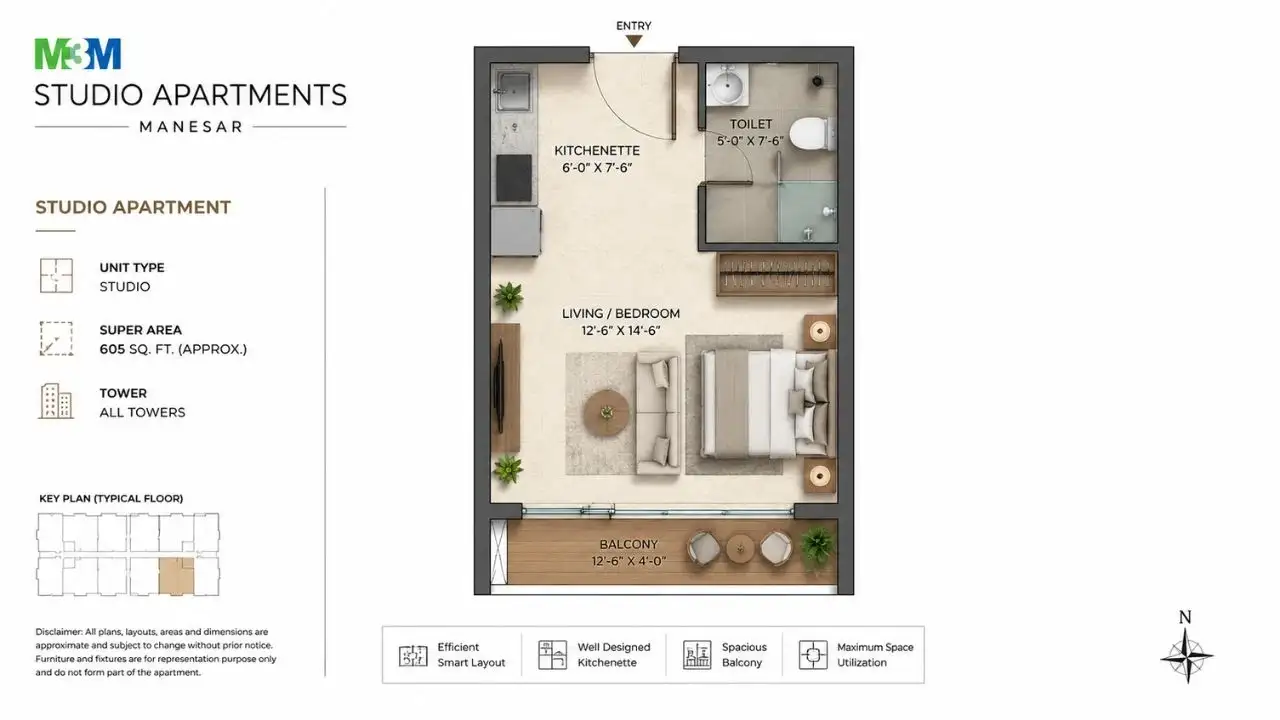 m3m studio apartment in manesar 1 BHK floor plan