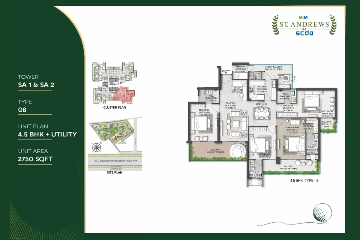 M3M St. Andrews Type 08 4.5 BHK floor plan, 2750 sq ft.