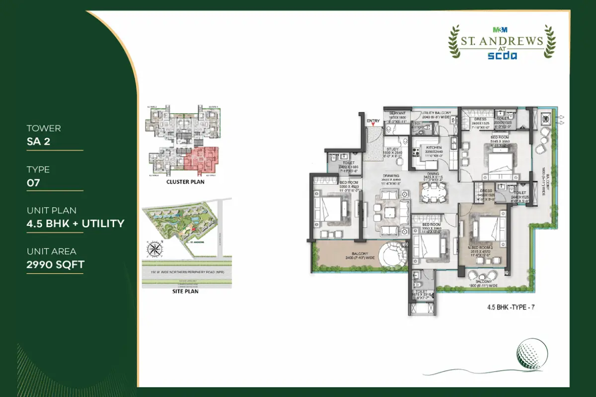 M3M St. Andrews Type 07 4.5 BHK floor plan, 2990 sq ft.
