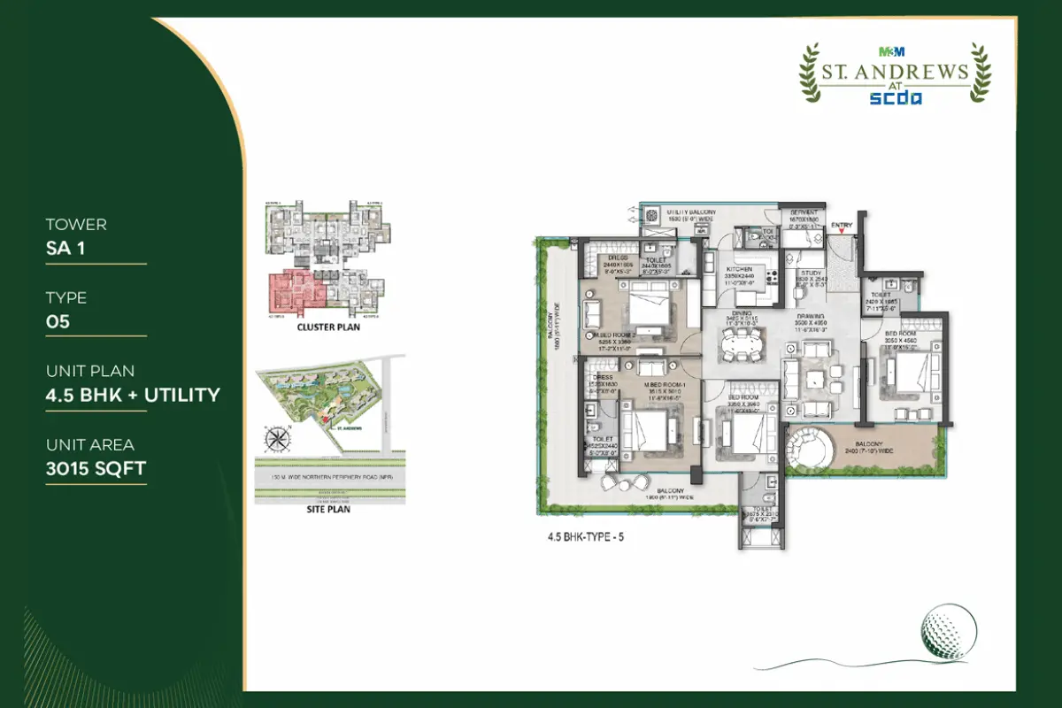 M3M St. Andrews Type 05 4.5 BHK floor plan, 3015 sq ft.
