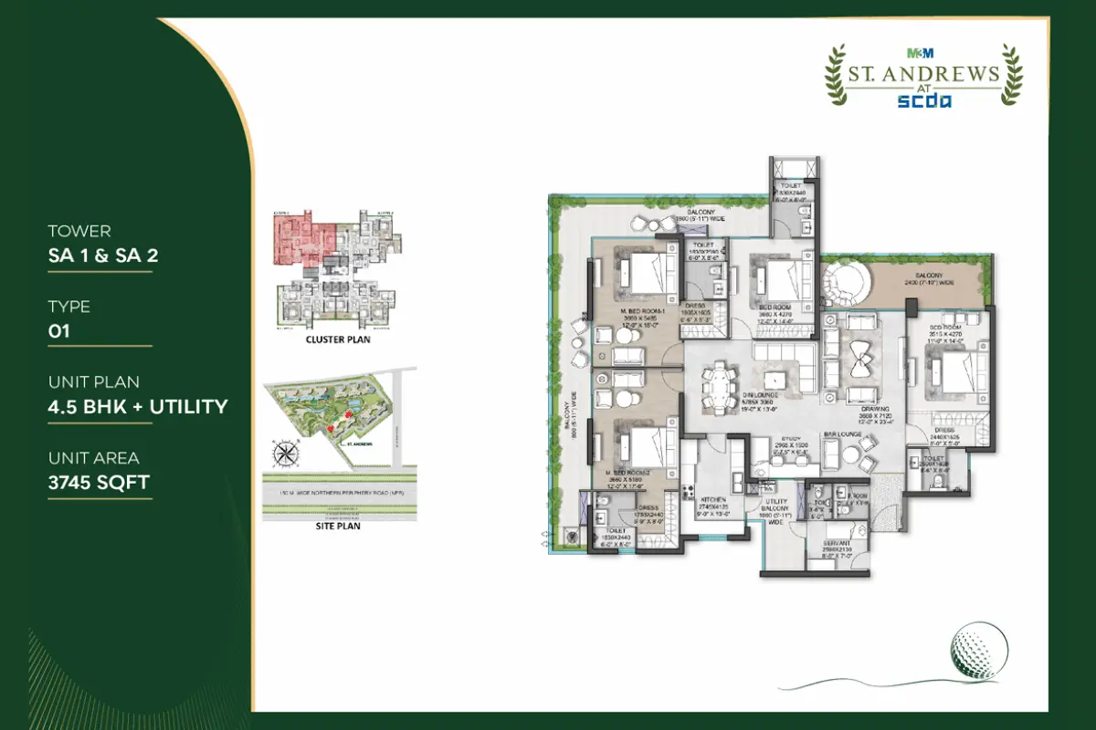M3M St. Andrews Type 02 4.5 BHK floor plan, 3485 sq ft.