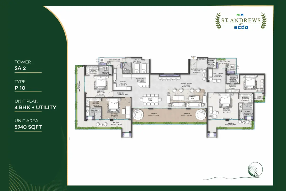 M3M St. Andrews Type P10 4 BHK Penthouse floor plan, 5940 sq ft.