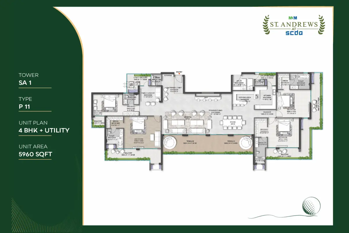 M3M St. Andrews Type P11 4 BHK Penthouse floor plan, 5960 sq ft.